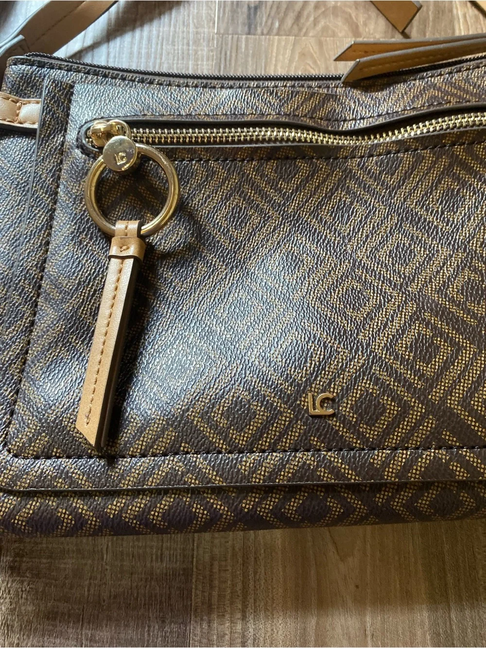 Liz Claiborne Brown Monogram Crossbody Bag with Tan Strap